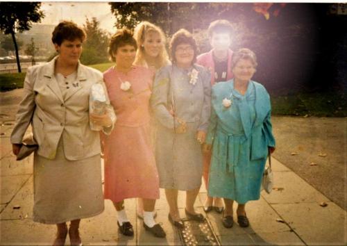 Left to right: My mums cousin, My mum pink outfit, My mums sister sharon, My mums mum (my nan), a family friend and My mums nan (my great nan) on the end.